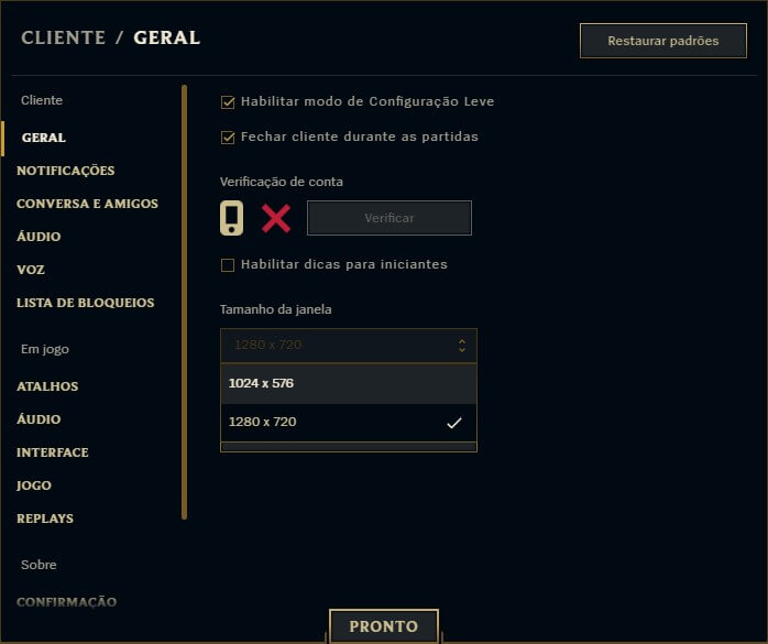 Configuração Leve / Cliente Riot