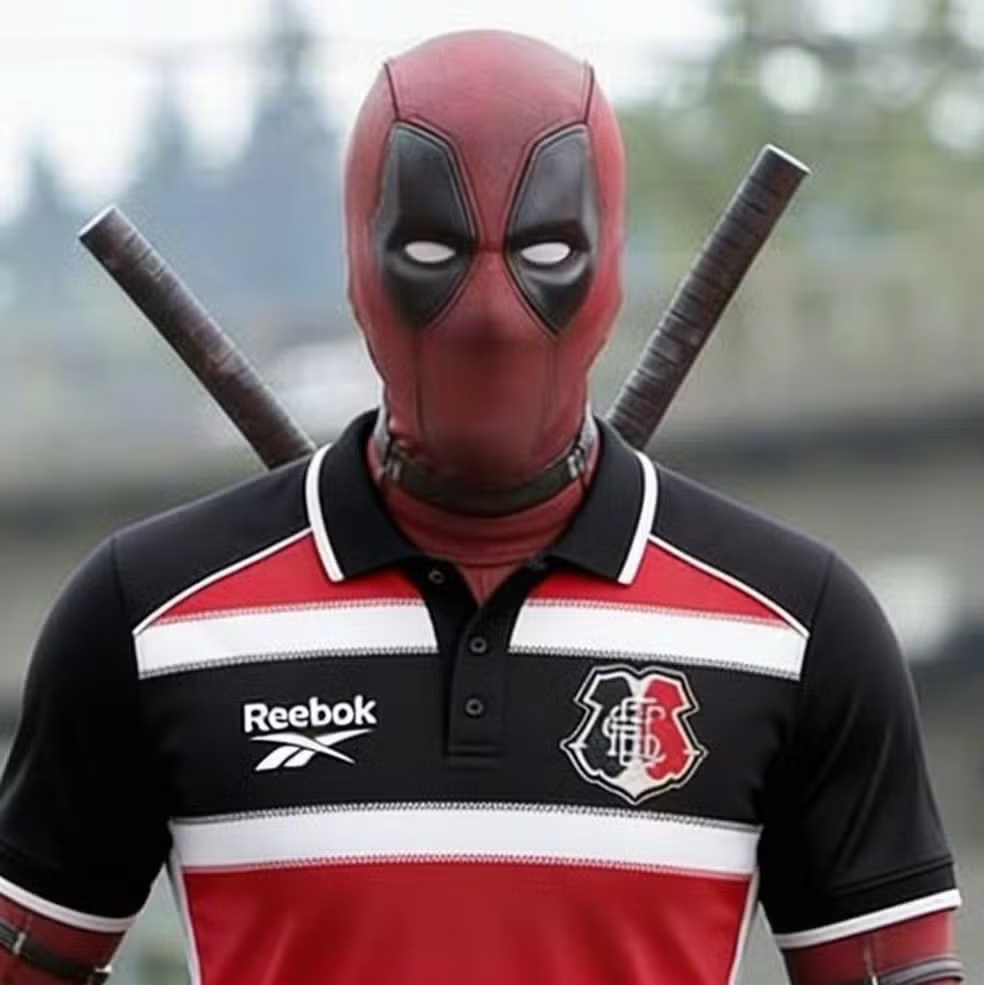 Torcida do Santa Cruz cria imagem de IA do personagem Deadpool com o escudo do clube — Foto: Reprodução